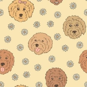 Golden Doodles & Daisies on Yellow (Small Scale)