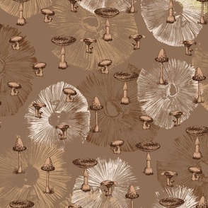 mushrooms and their spores on sepia brown