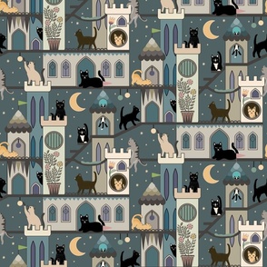 Realm of the cats, night - cat castle, climbing tree, moon and flowers - teal, blue-grey - medium
