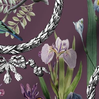 Irises and Birds and Frames (deep purple background