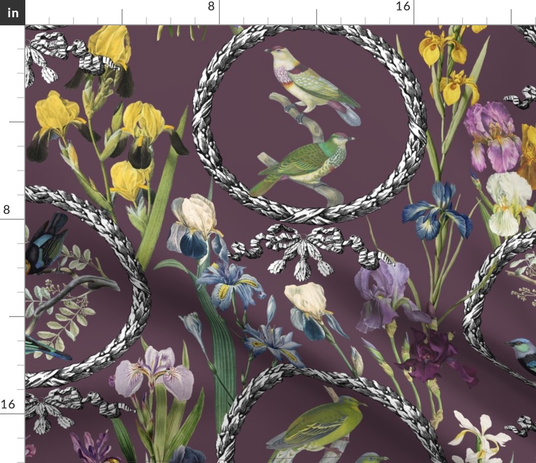 Irises and Birds and Frames (deep purple background