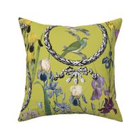 Irises and Birds and Frames (chartreuse green background)