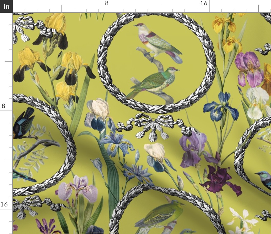 Irises and Birds and Frames (chartreuse green background)