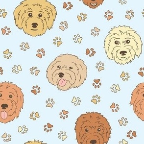 Golden Doodles & Paw Prints on Light Blue (Small Scale)