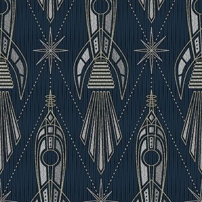 Art Deco Rockets and Starbursts - Navy Med/Lg 