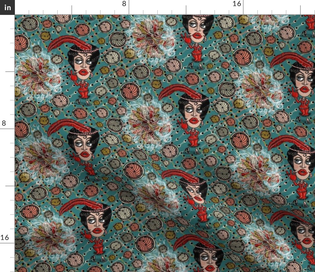 art deco sexy flapper fantasy, medium large scale, teal green blue red black coral salmon orange peach mustard soft white ivory wallpaper rockabilly pin-up retro vintage