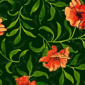 Watercolor Poppies in orange and red with delicate foliage on dark green fabric