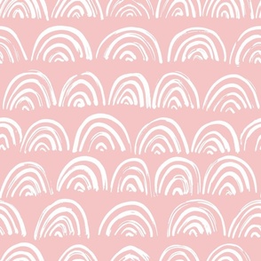 Sketch hand-drawn white rainbows on blush pink