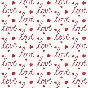 $ Love is love hearts crimson red on cream, words for valentines, wedding, cute nursery wallpaper and linen, kids apparel, pjs