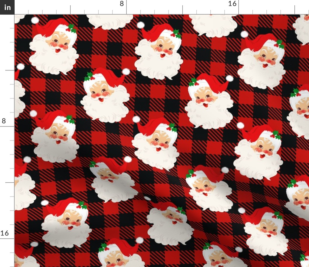 Large Scale Retro Red Santa on Black and Red Buffalo Checker Plaid