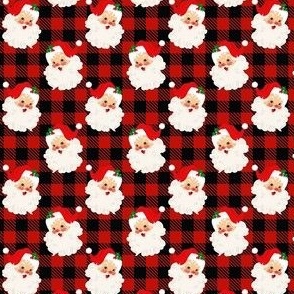 Small Scale Retro Red Santa on Black and Red Buffalo Checker Plaid