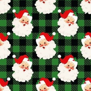 Medium Scale Retro Red Santa on Black and Green Buffalo Checker Plaid