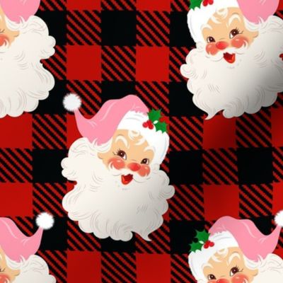 Large Scale Retro Pink Santa on Black and Red Buffalo Checker Plaid