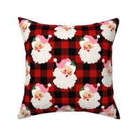 Large Scale Retro Pink Santa on Black and Red Buffalo Checker Plaid