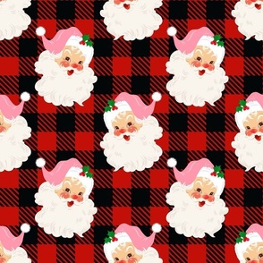 Large Scale Retro Pink Santa on Black and Red Buffalo Checker Plaid