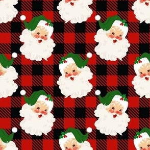 Medium Scale Retro Green Santa on Black and Red Buffalo Checker Plaid