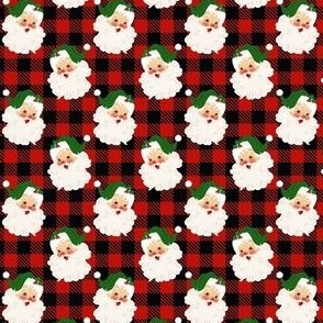 Small Scale Retro Green Santa on Black and Red Buffalo Checker Plaid