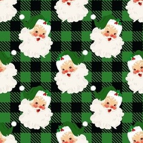 Medium Scale Retro Green Santa on Black and Green Buffalo Checker Plaid