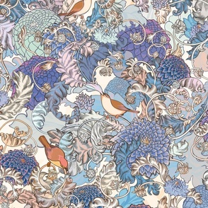  Vintage yesteryear whimsical willam morris style Songbirds Blue and white hydrangeas dahlias