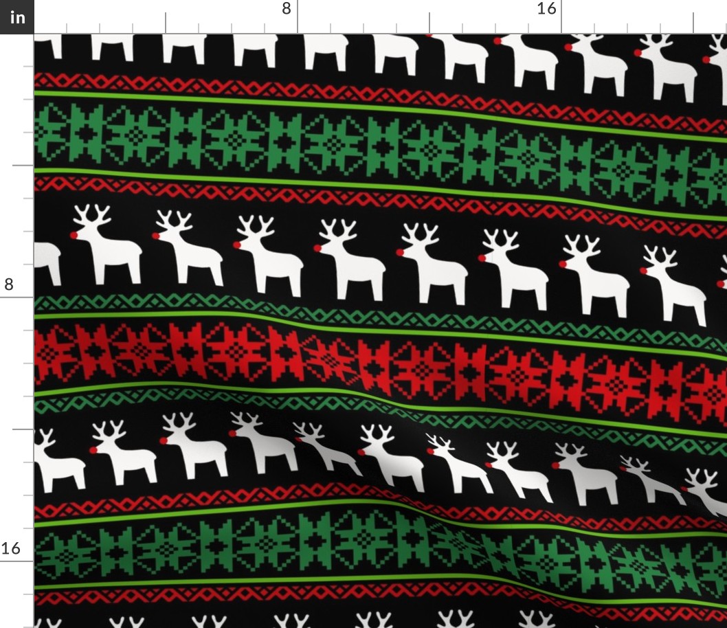  Large Scale Winter Red Nosed Reindeer Christmas Fair Isle on Black