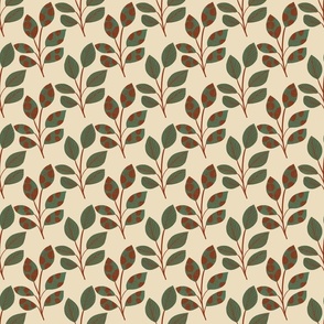 Green and Red Leaves on Cream/ Medium