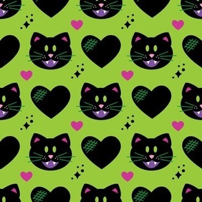 black cat w hearts extra on green