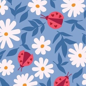 Lovely Lady Bugs and Flowers on Blue