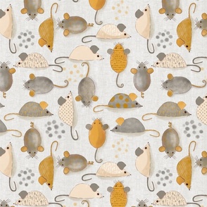 Cat Toy Mice -gray version on light gray linen (large scale)