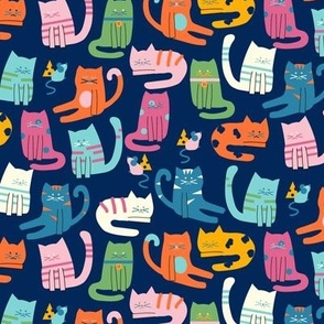 Multi Color Whimsical Cats with Mice and Cheese on Navy Blue Ground Small Scale
