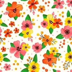 Medium Scale Colorful Orange Yellow Coral Pink Watercolor Flowers on Ivory