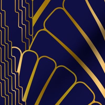 Skyscraper with Scallop Fan Art Deco Metallic Pattern on Navy Blue