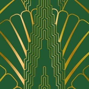 Skyscraper with Scallop Fan Art Deco Metallic Gold Pattern on Forest Green