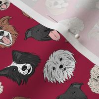 Dogs and puppies - freehand illustration boho style border collie beagle poodle staffies and shih tzu faces on ruby red