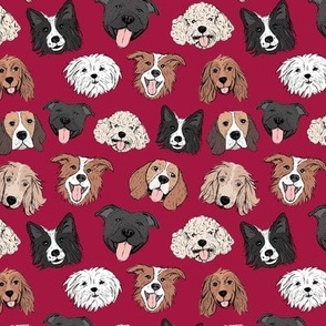 Dogs and puppies - freehand illustration boho style border collie beagle poodle staffies and shih tzu faces on ruby red