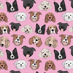 Dogs and puppies - freehand illustration boho style border collie beagle poodle staffies and shih tzu faces on pink