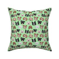 Dogs and puppies - freehand illustration boho style border collie beagle poodle staffies and shih tzu faces on lime green neon