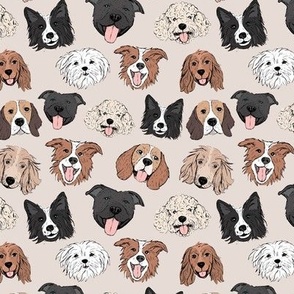 Dogs and puppies - freehand illustration boho style border collie beagle poodle staffies and shih tzu faces on soft sand neutral palette