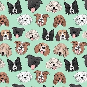 Dogs and puppies - freehand illustration boho style border collie beagle poodle staffies and shih tzu faces on mint green nineties palette