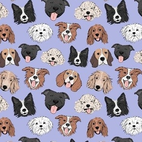 Dogs and puppies - freehand illustration boho style border collie beagle poodle staffies and shih tzu faces on nineties lilac purple