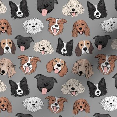 Dogs and puppies - freehand illustration boho style border collie beagle poodle staffies and shih tzu faces on slate gray
