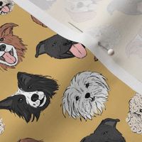Dogs and puppies - freehand illustration boho style border collie beagle poodle staffies and shih tzu faces on camel yellow