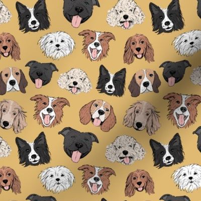 Dogs and puppies - freehand illustration boho style border collie beagle poodle staffies and shih tzu faces on camel yellow