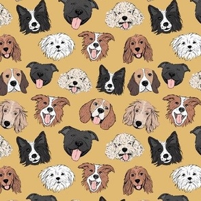 Dogs and puppies - freehand illustration boho style border collie beagle poodle staffies and shih tzu faces on camel yellow