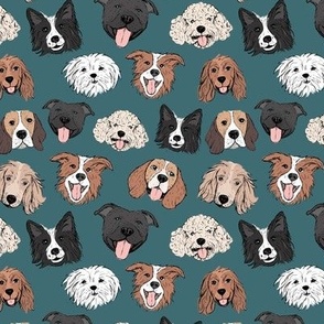 Dogs and puppies - freehand illustration boho style border collie beagle poodle staffies and shih tzu faces on sea green