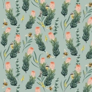 Protea and Wattle Yellow Robin Green with Bees // small