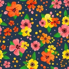 Medium Scale Colorful Orange Yellow Coral Pink Watercolor Flowers on Navy