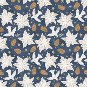 Christmas Doves and Poinsettia Floral - Navy Blue & White - Medium Scale
