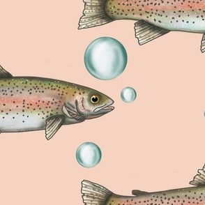 Oversize Rainbow Trout with Bubbles on Salmon Pink Background