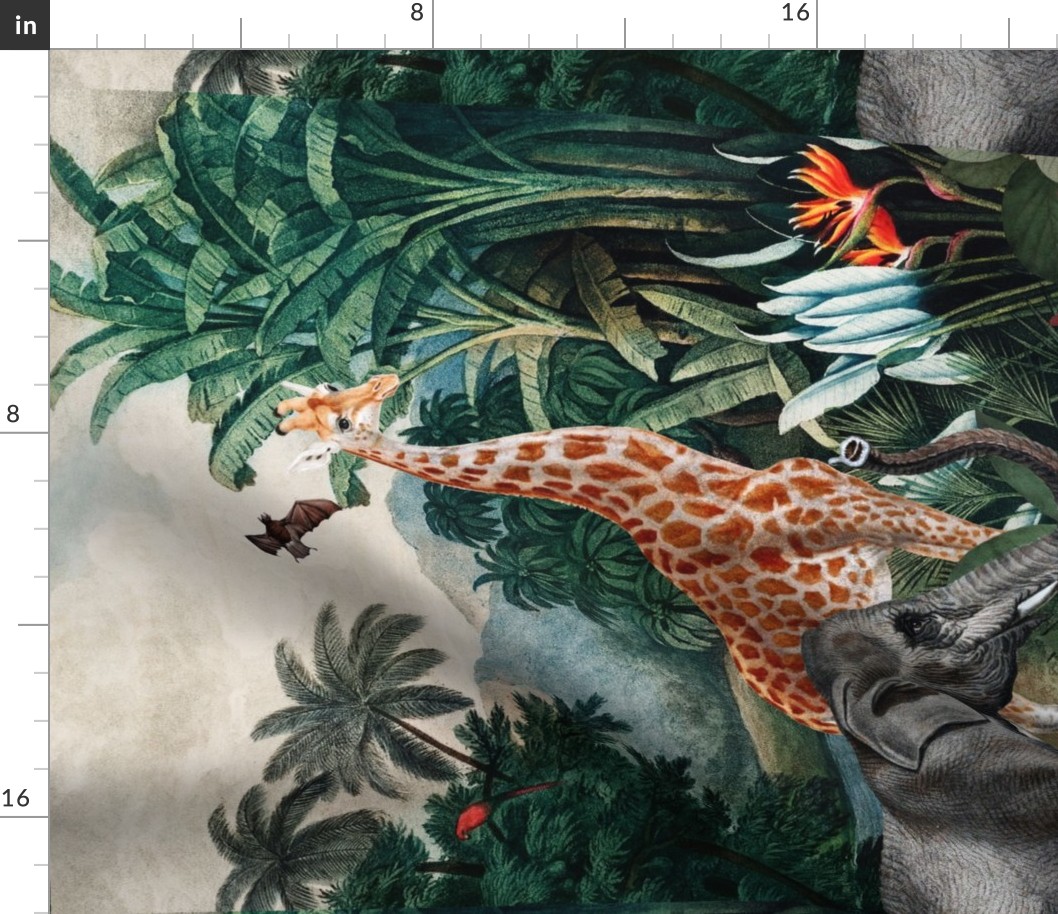 Exotic Wildlife Jungle Landscape Tea Towel With Giraffe Elephant, Parrots Bats and Palms- Vintage Wall Hanging