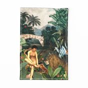 Exotic Wildlife Jungle  Landscape  Tea Towel With Antique Naked Woman, Giraffe Lion, Parrots and Palms- Vintage Wall Hanging